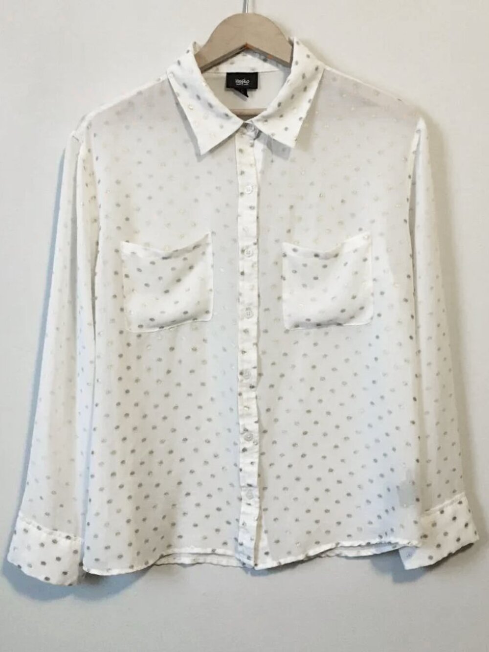 Wassaio White Sheer Gold Polka Dot Disco Button Down Dress Shirt